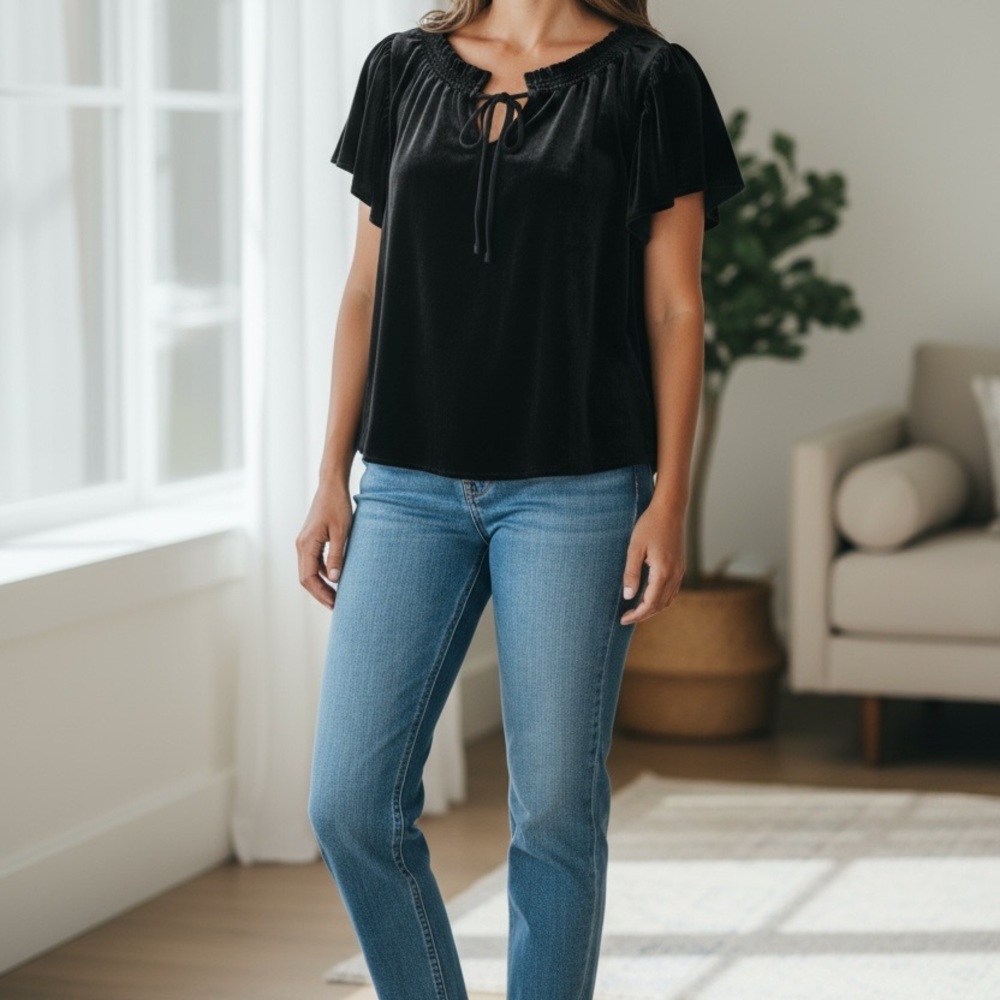 Free People Black Velvet Flutter Sleeve Top XS NWT - Picture 9 of 11